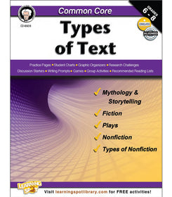 Common Core: Types of Text Resource Book Grade 6-8 Paperback